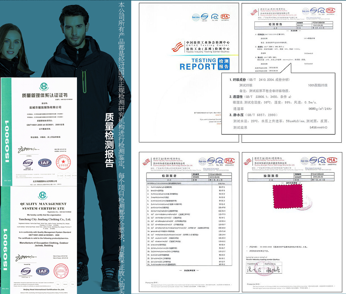 沖鋒衣定制面料檢測(cè)證書(shū)